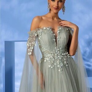 SHEIN Strapless Dress in Soft Gray with Floral Details